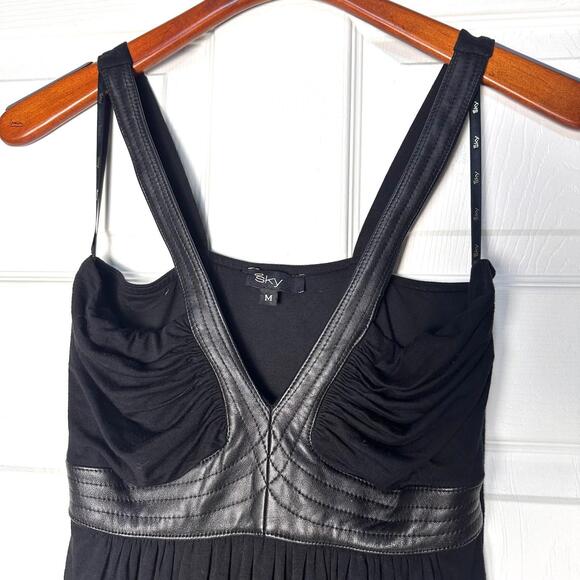 Women's Sky Witchy Goth Black Vegan Leather Corset Halter Empire Mini Dress M - Picture 2 of 7